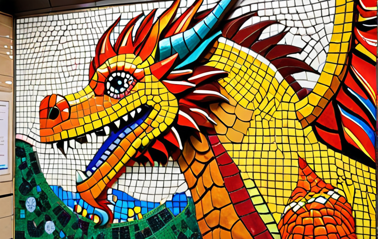 **
A vibrant and whimsical mosaic featuring a fantasy animal (like a dragon or griffin) in a Amsterdam metro station. Children are pointing and smiling at the artwork. The style should be colorful and playful, reminiscent of a children's book illustration. Focus on the joy and wonder of discovery.
**