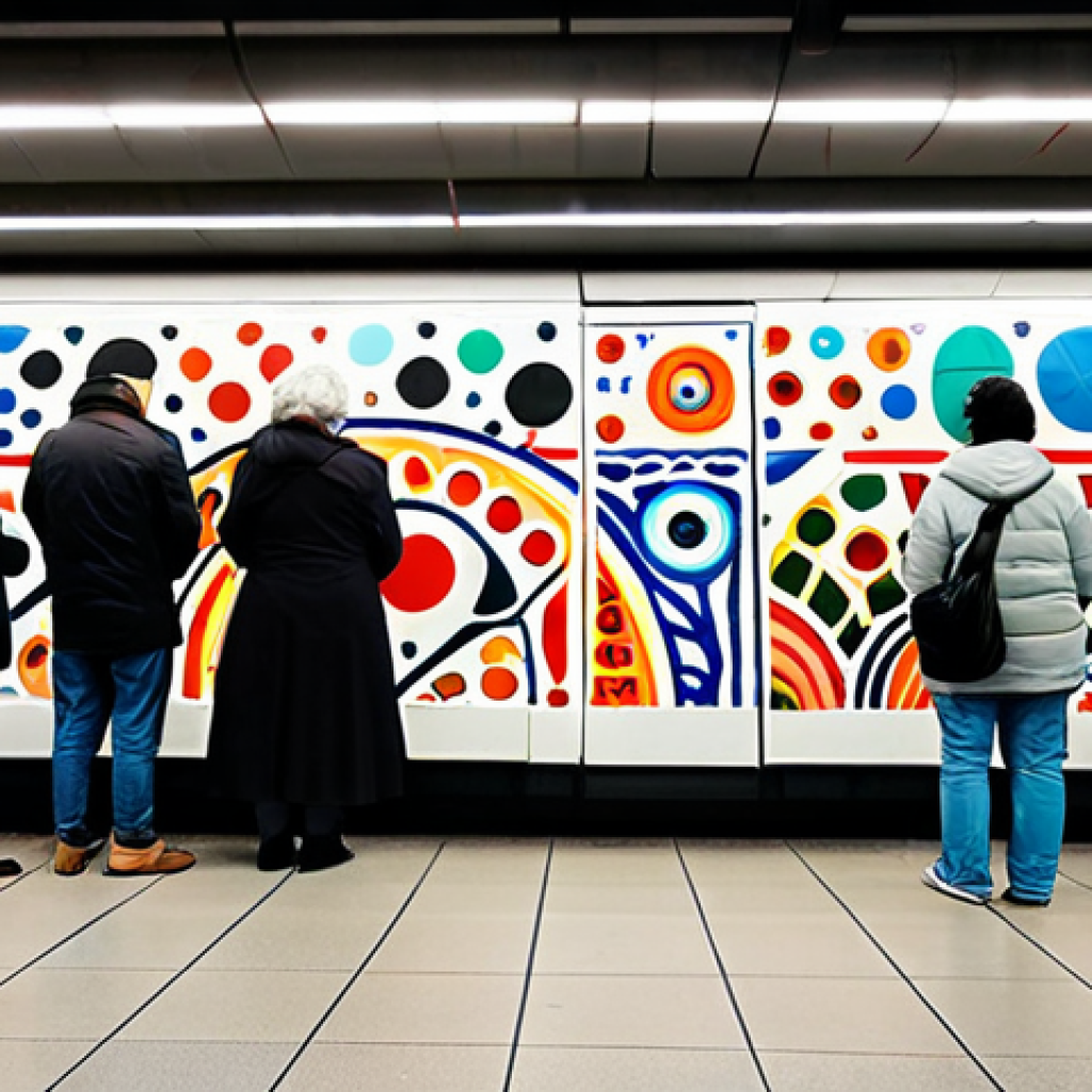 A diverse group of individuals, including families, students, and elders, in fully clothed, modest, and appropriate attire, observing a vibrant, large-scale street art mural inside a modern, clean metro station in Amsterdam. The mural features abstract shapes and bold colors, seamlessly integrated into the station architecture. The scene captures the essence of art accessibility in public spaces, with natural light illuminating the area. The image should convey a sense of calm appreciation. Professional photography, high quality, perfect anatomy, correct proportions, natural pose, well-formed hands, proper finger count, natural body proportions, safe for work, appropriate content, fully clothed, family-friendly.
