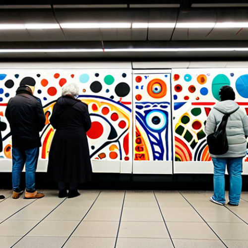 Home 6 A diverse group of individuals, including families, students, and elders, in fully clothed, modest, and appropriate attire, observing a vibrant, large-scale street art mural inside a modern, clean metro station in Amsterdam. The mural features abstract shapes and bold colors, seamlessly integrated into the station architecture. The scene captures the essence of art accessibility in public spaces, with natural light illuminating the area. The image should convey a sense of calm appreciation. Professional photography, high quality, perfect anatomy, correct proportions, natural pose, well-formed hands, proper finger count, natural body proportions, safe for work, appropriate content, fully clothed, family-friendly.