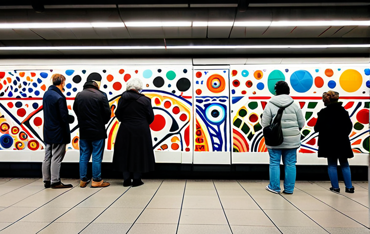 A diverse group of individuals, including families, students, and elders, in fully clothed, modest, and appropriate attire, observing a vibrant, large-scale street art mural inside a modern, clean metro station in Amsterdam. The mural features abstract shapes and bold colors, seamlessly integrated into the station architecture. The scene captures the essence of art accessibility in public spaces, with natural light illuminating the area. The image should convey a sense of calm appreciation. Professional photography, high quality, perfect anatomy, correct proportions, natural pose, well-formed hands, proper finger count, natural body proportions, safe for work, appropriate content, fully clothed, family-friendly.